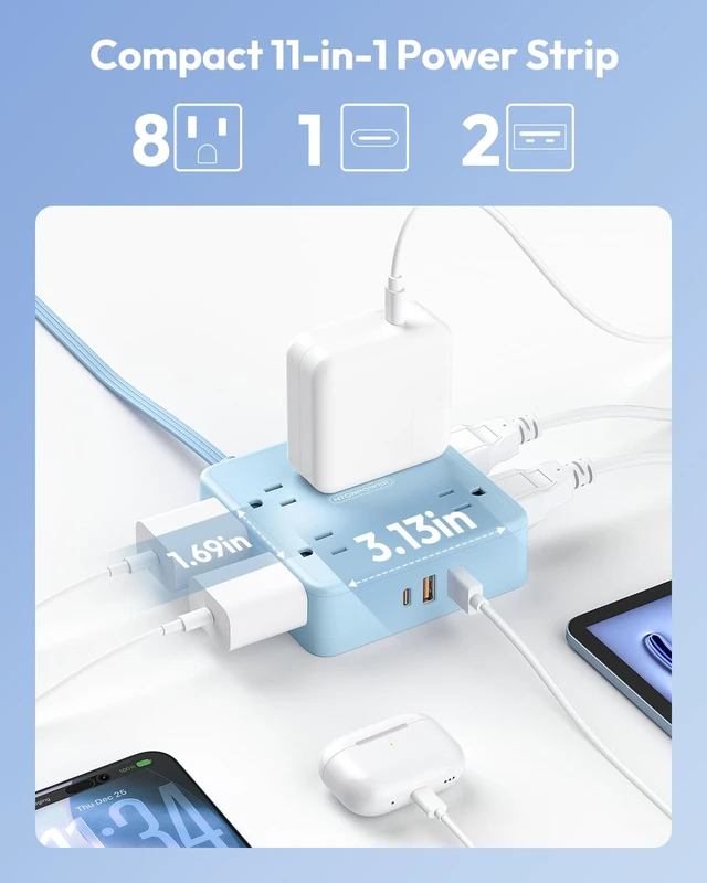 Alt view image 2 of 6 - 5 FT Blue Extension Cord, Power Strip with 8 Outlets 3 USB Ports, 3 Prong, Wall Mount Flat Plug Outlet Extender for Home Office, WideCube