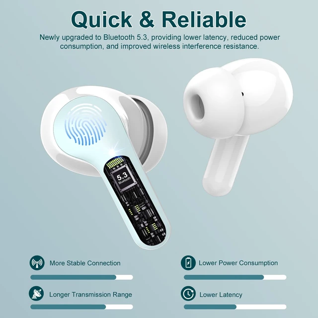 Alt view image 2 of 7 - Wireless Earbuds, Bluetooth 5.4 Headphones HiFi Stereo, Bluetooth Earbuds With ENC Noise Cancelling Mic, IP7 Waterproof in Ear Earphones, 48H, LED Display Ear buds for Pad Workout Sports, Azure