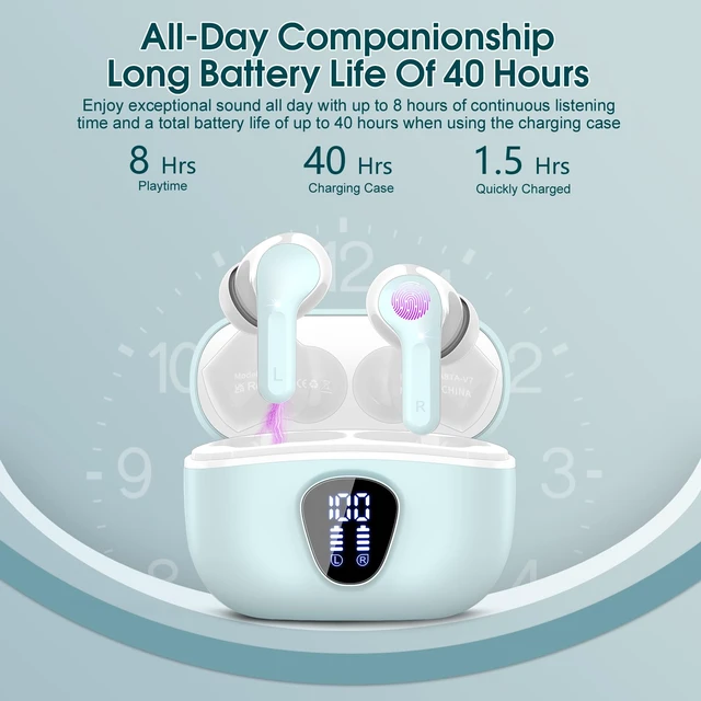 Alt view image 4 of 7 - Wireless Earbuds, Bluetooth 5.4 Headphones HiFi Stereo, Bluetooth Earbuds With ENC Noise Cancelling Mic, IP7 Waterproof in Ear Earphones, 48H, LED Display Ear buds for Pad Workout Sports, Azure