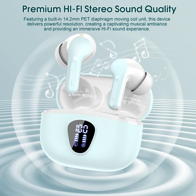 Alt view image 5 of 7 - Wireless Earbuds, Bluetooth 5.4 Headphones HiFi Stereo, Bluetooth Earbuds With ENC Noise Cancelling Mic, IP7 Waterproof in Ear Earphones, 48H, LED Display Ear buds for Pad Workout Sports, Azure