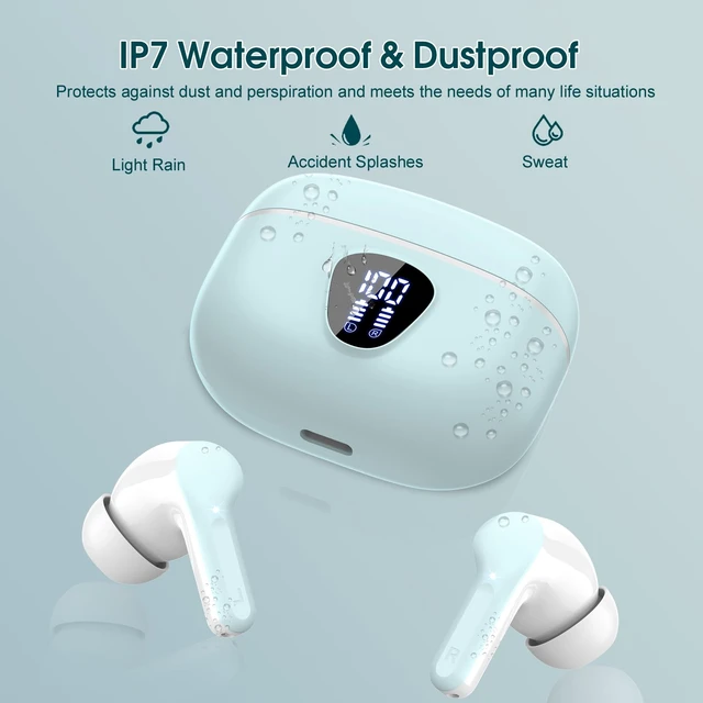 Alt view image 6 of 7 - Wireless Earbuds, Bluetooth 5.4 Headphones HiFi Stereo, Bluetooth Earbuds With ENC Noise Cancelling Mic, IP7 Waterproof in Ear Earphones, 48H, LED Display Ear buds for Pad Workout Sports, Azure