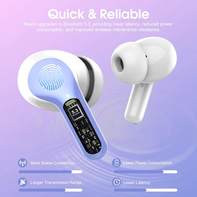 Alt view image 2 of 7 - Wireless Earbuds, Bluetooth 5.4 Headphones HiFi Stereo, Bluetooth Earbuds With ENC Noise Cancelling Mic, IP7 Waterproof in Ear Earphones,48H, LED Display Ear buds for Pad Workout Sports, White Purple