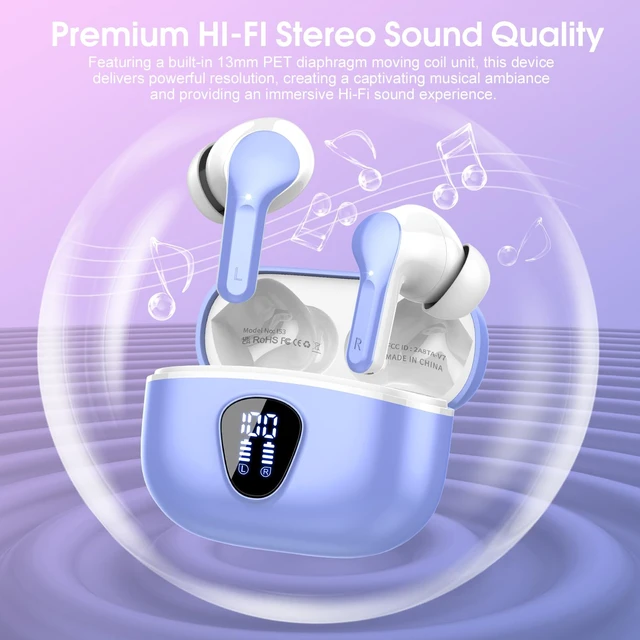 Alt view image 4 of 7 - Wireless Earbuds, Bluetooth 5.4 Headphones HiFi Stereo, Bluetooth Earbuds With ENC Noise Cancelling Mic, IP7 Waterproof in Ear Earphones,48H, LED Display Ear buds for Pad Workout Sports, White Purple
