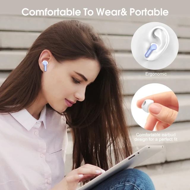 Alt view image 6 of 7 - Wireless Earbuds, Bluetooth 5.4 Headphones HiFi Stereo, Bluetooth Earbuds With ENC Noise Cancelling Mic, IP7 Waterproof in Ear Earphones,48H, LED Display Ear buds for Pad Workout Sports, White Purple