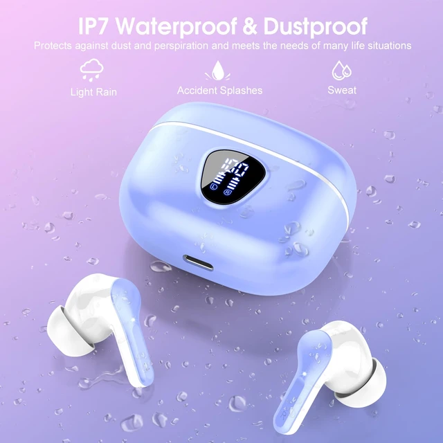 Alt view image 7 of 7 - Wireless Earbuds, Bluetooth 5.4 Headphones HiFi Stereo, Bluetooth Earbuds With ENC Noise Cancelling Mic, IP7 Waterproof in Ear Earphones,48H, LED Display Ear buds for Pad Workout Sports, White Purple