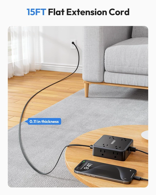 Alt view image 2 of 6 - Black Power Strip, 15 FT Power Strip with 8 Widely Outlets 3 USB Ports, Extension Cord with Mlutiple Outlets for Home, Office, Dresser, Dorm Room
