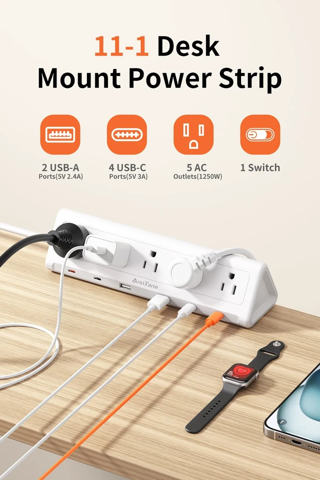Alt view image 3 of 7 - Desk Clamp Power Strip USBC, 40W Fast Charging, 10 Ft, White Detachable Clamp,5 AC & 6 USB(4C,2A),Flat Plug Extension Cord,Desk Organizer for Home,Office,Dorm,Fits 0.5-2.1" Tabletop Edge