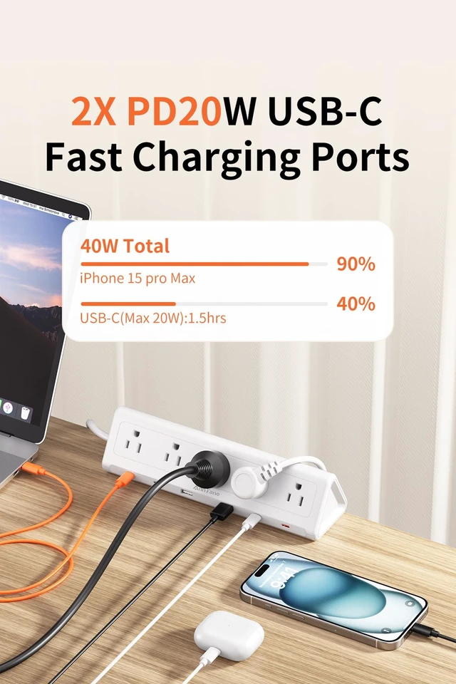 Alt view image 4 of 7 - Desk Clamp Power Strip USBC, 40W Fast Charging, 10 Ft, White Detachable Clamp,5 AC & 6 USB(4C,2A),Flat Plug Extension Cord,Desk Organizer for Home,Office,Dorm,Fits 0.5-2.1" Tabletop Edge