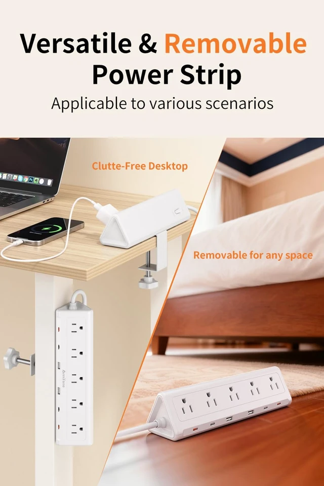 Alt view image 5 of 7 - Desk Clamp Power Strip USBC, 40W Fast Charging, 10 Ft, White Detachable Clamp,5 AC & 6 USB(4C,2A),Flat Plug Extension Cord,Desk Organizer for Home,Office,Dorm,Fits 0.5-2.1" Tabletop Edge