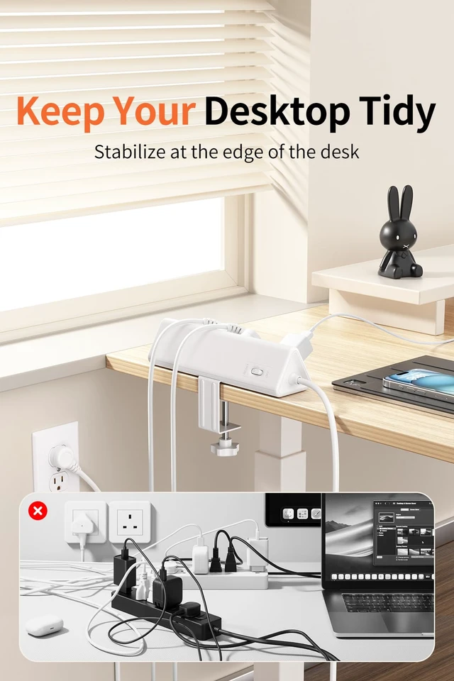 Alt view image 6 of 7 - Desk Clamp Power Strip USBC, 40W Fast Charging, 10 Ft, White Detachable Clamp,5 AC & 6 USB(4C,2A),Flat Plug Extension Cord,Desk Organizer for Home,Office,Dorm,Fits 0.5-2.1" Tabletop Edge