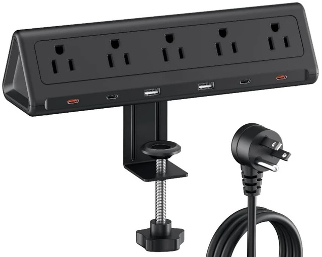 Main image of Desk Clamp Power Strip USBC, 40W Fast Charging, 10 Ft, Black Detachable Clamp,5 AC & 6 USB(4C,2A),Flat Plug Extension Cord,Desk Organizer for Home,Office,Dorm,Fits 0.5-2.1" Tabletop Edge