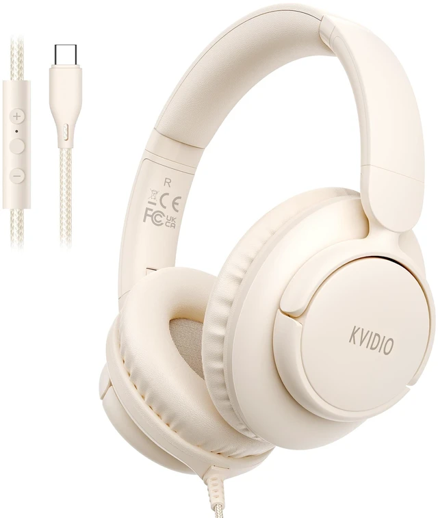 Main image of USB C Wired Over Ear Headphones for School with Mic, Volume Control, Beige Lightweight Foldable Corded Headphone for Teens Classroom Travel Airplane, 4.9ft Tangle-Free Cord for Phone Tablet Laptop PC