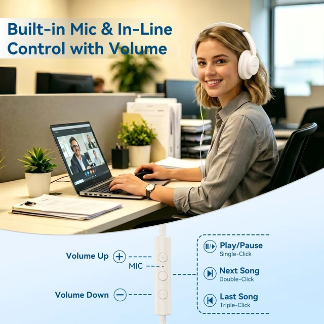 Alt view image 2 of 7 - USB C Wired Over Ear Headphones for School with Mic, Volume Control, Beige Lightweight Foldable Corded Headphone for Teens Classroom Travel Airplane, 4.9ft Tangle-Free Cord for Phone Tablet Laptop PC