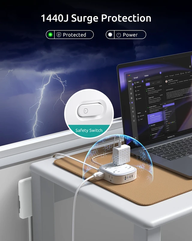 Alt view image 5 of 7 - Outlet Cover 15FT Long Extension Cord, Surge Protector Power Strip 8 AC and 4 USB Ports (3 USB C), Wall Mount, 3 Prong Flat Wall Plug with Power Switch, Home Office Dorm Essentials, White
