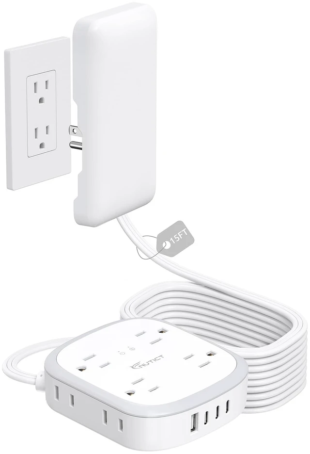 Main image of Outlet Cover 15FT Long Extension Cord, Surge Protector Power Strip 8 AC (4-2Pin) and 4 USB Ports, Wall Mount, 3 Prong Flat Wall Plug with Power Switch, Home Office Dorm Essentials, White