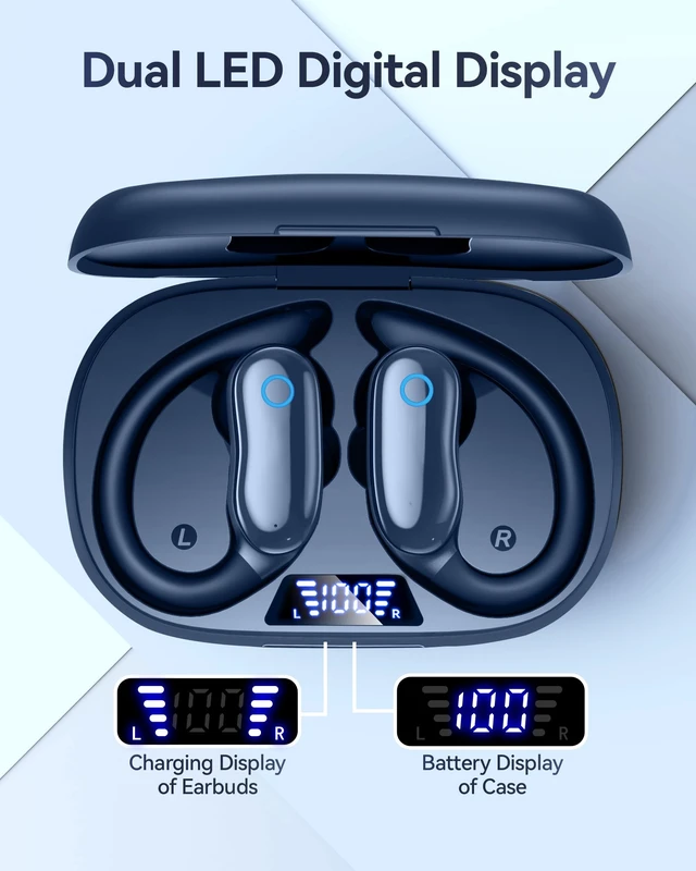 Alt view image 4 of 7 - Active Noise Cancelling Ear Buds Wireless Earbuds 96hrs Playback Bluetooth Headphones Dual Battery Display Stereo Bass Earphones with Earhooks Microphone IPX7 Waterproof for Sports/Runing/Workout