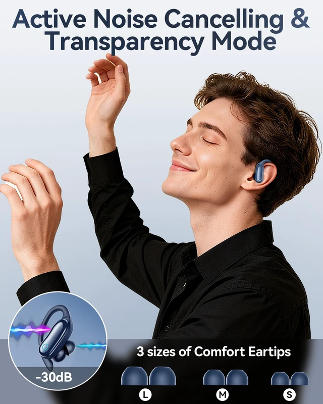 Alt view image 2 of 7 - Active Noise Cancelling Ear Buds Wireless Earbuds 96hrs Playback Bluetooth Headphones Dual Battery Display Stereo Bass Earphones with Earhooks Microphone IPX7 Waterproof for Sports/Runing/Workout
