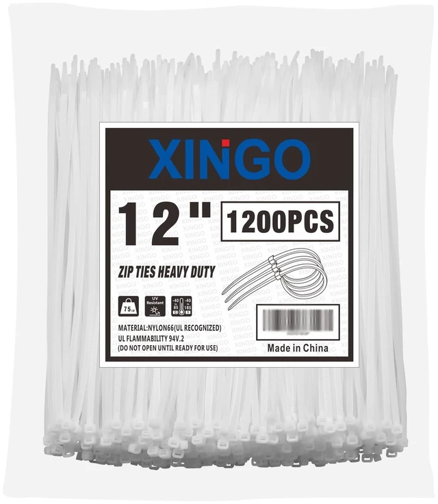 Main image of 12 Inch White Zip Ties 1200 PCS, 75 LBS Ultra Strong Tensile Strength, UV Resistant Cable Ties, Self-locking Plastic Ties for Indoor and Outdoor Use