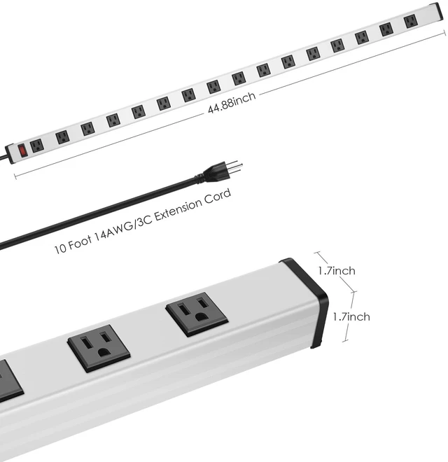 Alt view image 3 of 7 - Long Metal 16 Outlet Wide Spaced Power Strip, Silver, 10 FT Cord Heavy Duty Wall Mount Outlets for Garage Industrial Workshop, ETL Listed, 15A, 125V, 1875W