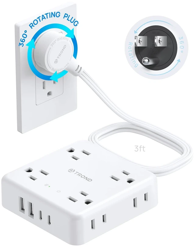 Main image of 360° Rotating Flat Plug Power Strip 3ft, 8 AC & 4 USB (2U2C), White Flat Extension Cord 1625W, 1440J Surge Protector with USB Ports, Wall Mountable, for Home Office Dorm Room Essentials