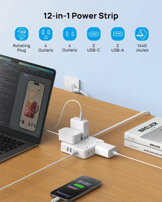 Alt view image 3 of 7 - 360° Rotating Flat Plug Power Strip 3ft, 8 AC & 4 USB (2U2C), White Flat Extension Cord 1625W, 1440J Surge Protector with USB Ports, Wall Mountable, for Home Office Dorm Room Essentials