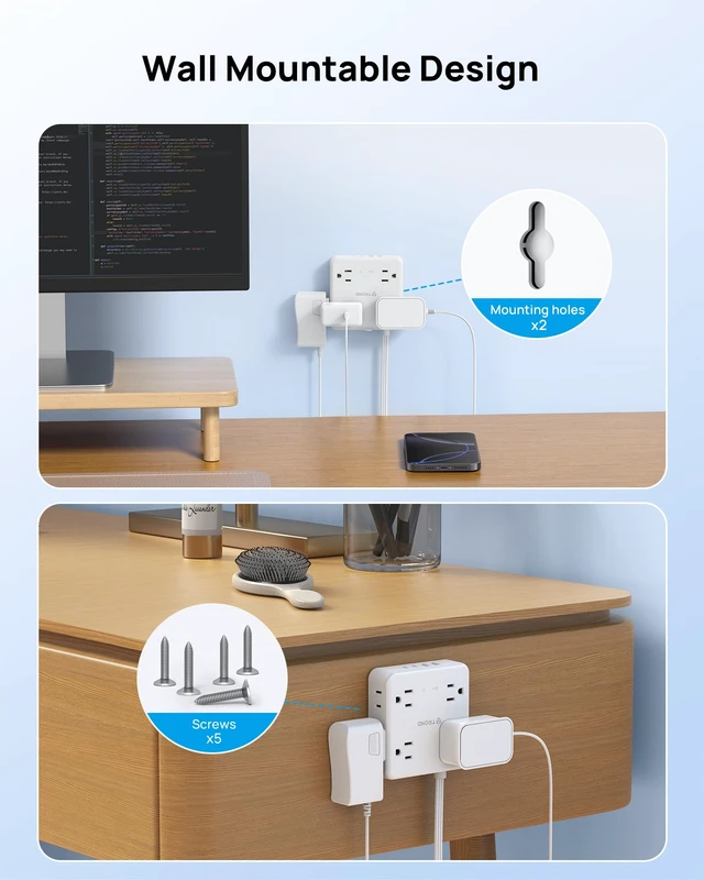 Alt view image 5 of 7 - 360° Rotating Flat Plug Power Strip 3ft, 8 AC & 4 USB (2U2C), White Flat Extension Cord 1625W, 1440J Surge Protector with USB Ports, Wall Mountable, for Home Office Dorm Room Essentials