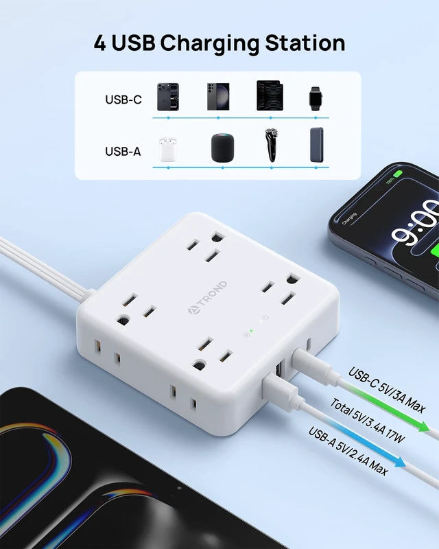 Alt view image 4 of 7 - 360° Rotating Flat Plug Power Strip 3ft, 8 AC & 4 USB (2U2C), White Flat Extension Cord 1625W, 1440J Surge Protector with USB Ports, Wall Mountable, for Home Office Dorm Room Essentials