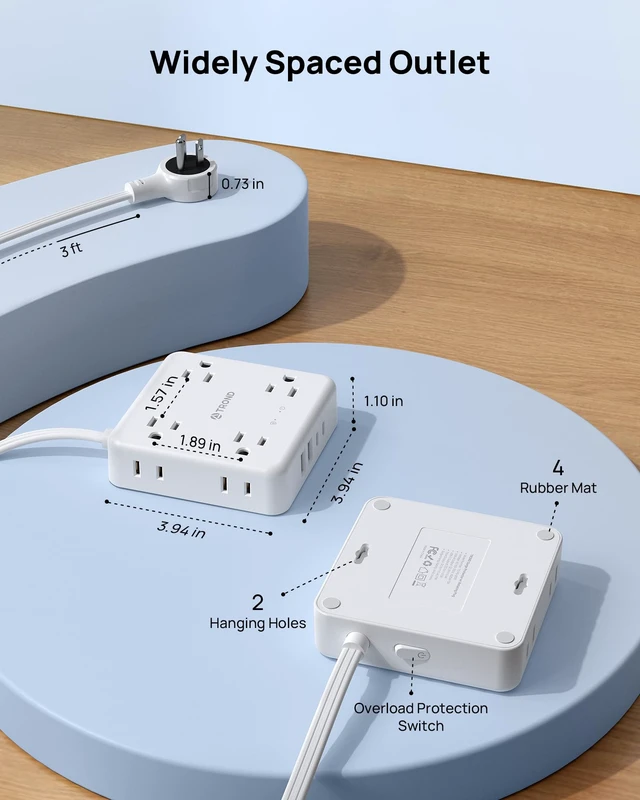 Alt view image 7 of 7 - 360° Rotating Flat Plug Power Strip 3ft, 8 AC & 4 USB (2U2C), White Flat Extension Cord 1625W, 1440J Surge Protector with USB Ports, Wall Mountable, for Home Office Dorm Room Essentials