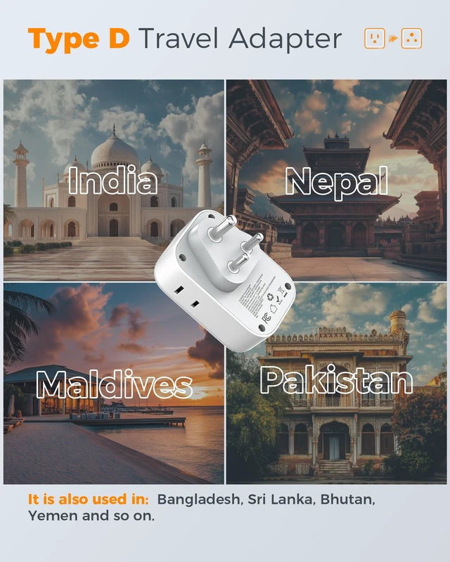 Alt view image 2 of 7 - Type D Travel Adapter, US to India Plug 4 Outlets, 3 USB Ports (2 USB-C), Compatible with Nepal Maldives Pakistan Bangladesh Sri Lanka Bhutan Yemen