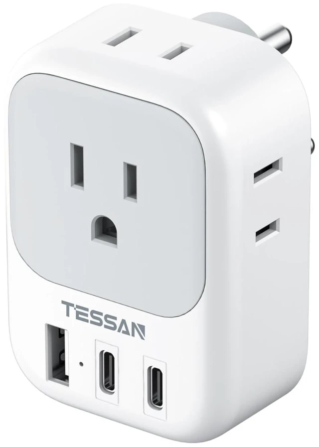 Main image of Type D Travel Adapter, US to India Plug 4 Outlets, 3 USB Ports (2 USB-C), Compatible with Nepal Maldives Pakistan Bangladesh Sri Lanka Bhutan Yemen
