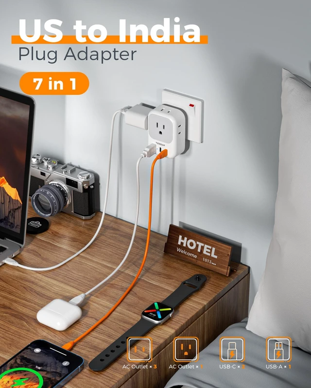 Alt view image 3 of 7 - Type D Travel Adapter, US to India Plug 4 Outlets, 3 USB Ports (2 USB-C), Compatible with Nepal Maldives Pakistan Bangladesh Sri Lanka Bhutan Yemen