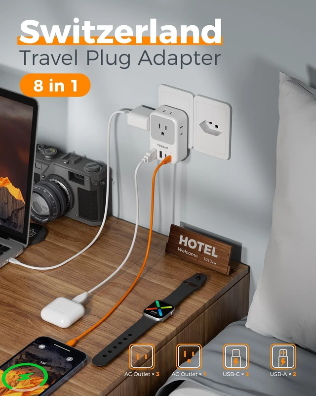 Alt view image 4 of 7 - Switzerland Travel Plug Adapter PD 20W, Type J Adapter 4 Outlets 4 USB (2 USB-C 2 USB-A), US to Switzerland Travel Power Outlet Adaptor for Rwanda Jordan Liechtenstein Madagascar