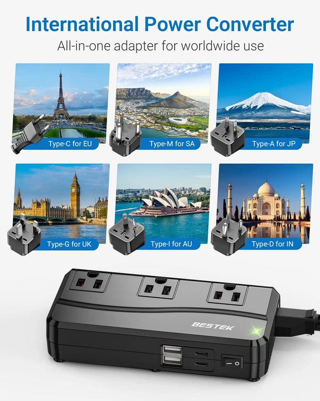 Alt view image 2 of 7 - 300W Power Converter 3-Outlet and 4-Port USB Travel Voltage Transformer 220V to 110V with Type G/D/M/AU/US Travel Plug Adapters