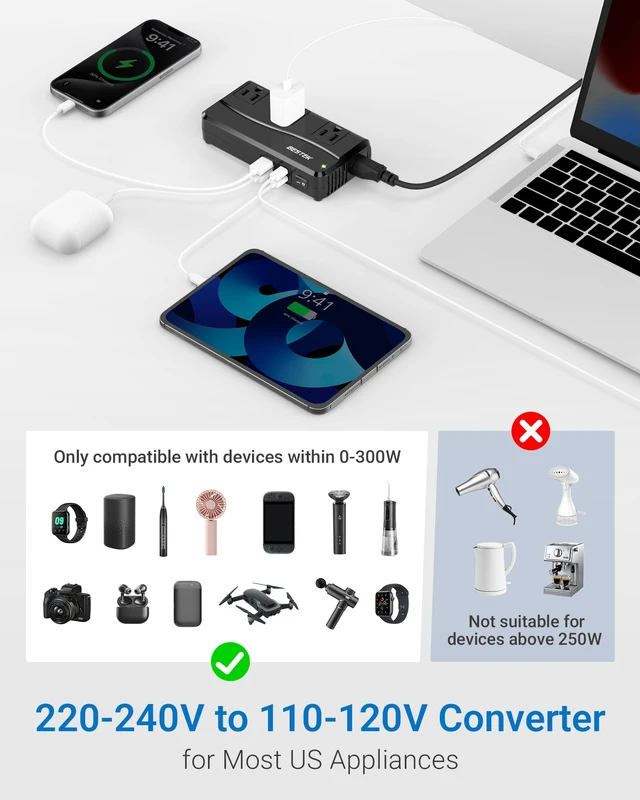 Alt view image 3 of 7 - 300W Power Converter 3-Outlet and 4-Port USB Travel Voltage Transformer 220V to 110V with Type G/D/M/AU/US Travel Plug Adapters