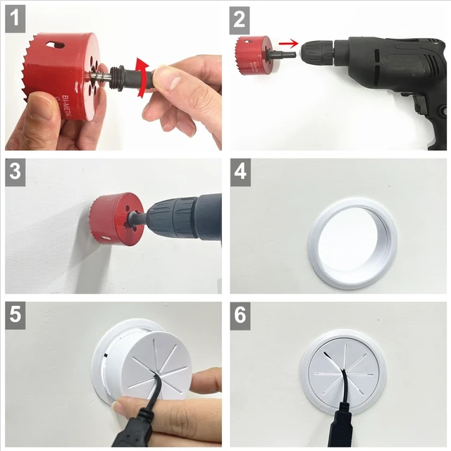 Alt view image 3 of 7 - 4 Pack TV Cord Hider for Wall Mounted TV, 2-3/8"(60mm Hole) Wire Hider in Wall Cable Management Kit, Includes 4 Pass Throughs and 1 Hole Saw Drill Attachment Easy to Install
