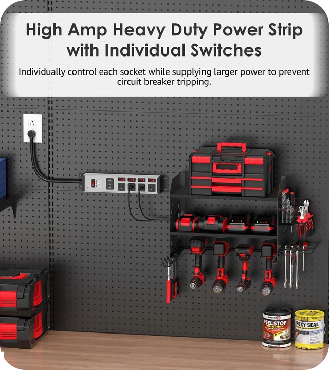 Alt view image 4 of 7 - Heavy Duty Surge Protector, 12 Gauge, USB Ports. Grey, 15FT, 1 20 Amp Individual Switches, Outdoor Extension Cord, Wall Flat Plug Extender, Grounding, Appliance, Garage Metal Power Strip