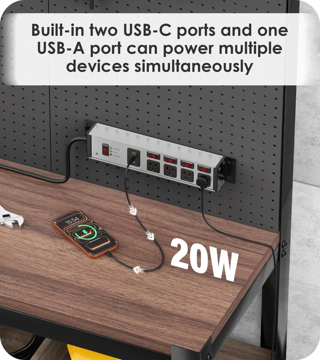 Alt view image 6 of 7 - Heavy Duty Surge Protector, 12 Gauge, USB Ports. Grey, 15FT, 1 20 Amp Individual Switches, Outdoor Extension Cord, Wall Flat Plug Extender, Grounding, Appliance, Garage Metal Power Strip