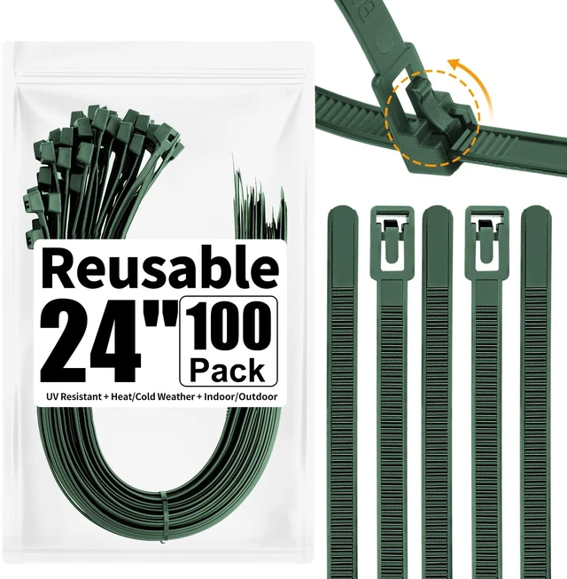 Main image of 100 Pack Reusable Zip Ties 24 Inch Extra Long Cable Ties Dark Green Reusable Trigger Release / Industrial Nylon / UV Resistant / Non-Slip Self-Locking / Round Ends No Hurt / Extra Long 24"