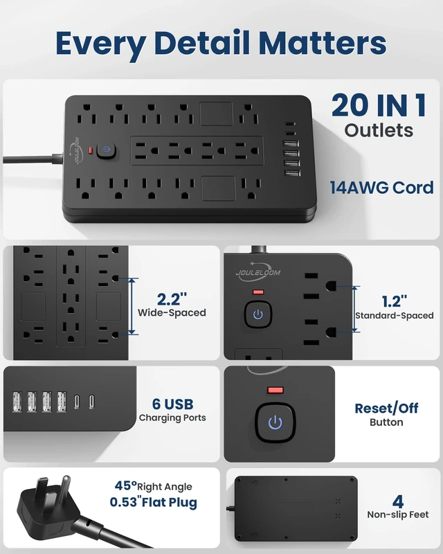 Alt view image 7 of 7 - 6 FT Extension Cord Surge Protector Power Strip, 14 Outlets & 6 USB Ports | 6 Feet Flat Plug extension cord with 14 Outlets&6 USB Ports(2 USB-C), 1850 Joules surge protection ETL Listed