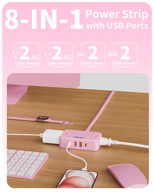 Alt view image 2 of 7 - Pink Extension Cord, 6 FT Flat Plug Power Strip, 4AC&2A2C, 1625W/13A Pink Power Strip, 0.33in Ultra Thin Plug, 1.62in Wide Spaced, No Surge Protector for Cruise Ship, Travel, Room
