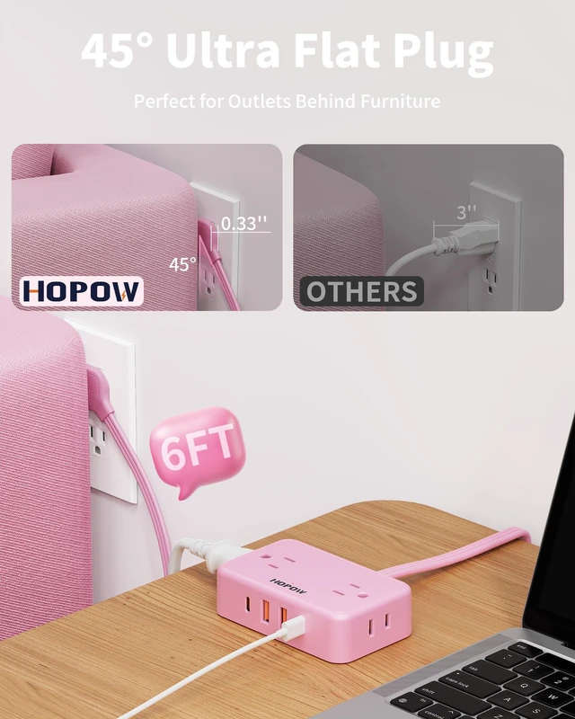 Alt view image 3 of 7 - Pink Extension Cord, 6 FT Flat Plug Power Strip, 4AC&2A2C, 1625W/13A Pink Power Strip, 0.33in Ultra Thin Plug, 1.62in Wide Spaced, No Surge Protector for Cruise Ship, Travel, Room