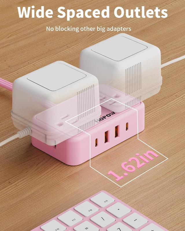 Alt view image 5 of 7 - Pink Extension Cord, 6 FT Flat Plug Power Strip, 4AC&2A2C, 1625W/13A Pink Power Strip, 0.33in Ultra Thin Plug, 1.62in Wide Spaced, No Surge Protector for Cruise Ship, Travel, Room