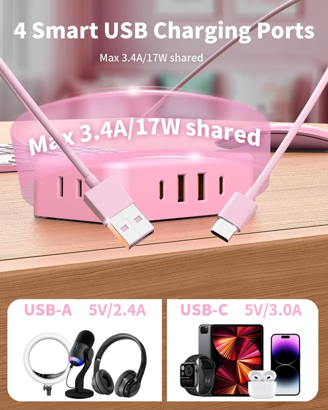 Alt view image 4 of 7 - Pink Extension Cord, 6 FT Flat Plug Power Strip, 4AC&2A2C, 1625W/13A Pink Power Strip, 0.33in Ultra Thin Plug, 1.62in Wide Spaced, No Surge Protector for Cruise Ship, Travel, Room