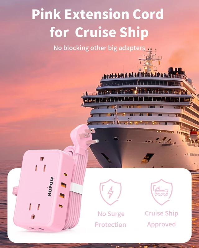 Alt view image 6 of 7 - Pink Extension Cord, 6 FT Flat Plug Power Strip, 4AC&2A2C, 1625W/13A Pink Power Strip, 0.33in Ultra Thin Plug, 1.62in Wide Spaced, No Surge Protector for Cruise Ship, Travel, Room