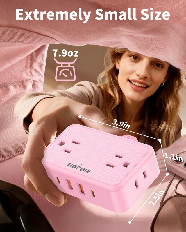 Alt view image 7 of 7 - Pink Extension Cord, 6 FT Flat Plug Power Strip, 4AC&2A2C, 1625W/13A Pink Power Strip, 0.33in Ultra Thin Plug, 1.62in Wide Spaced, No Surge Protector for Cruise Ship, Travel, Room