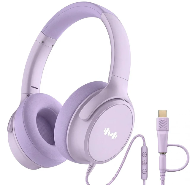 Main image of Wired Over-Ear Headphones, Mic, 3.5mm Plug, USB-C Adapter, Purple Foldable, adjustable headphones with soft cushions, inline mic, 3.5mm plug, and USB-C adapter for laptop, phone, and travel