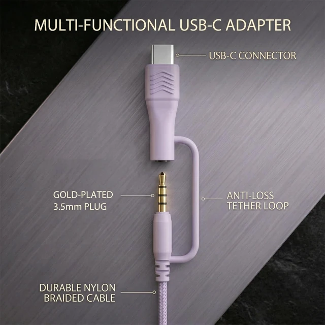 Alt view image 2 of 7 - Wired Over-Ear Headphones, Mic, 3.5mm Plug, USB-C Adapter, Purple Foldable, adjustable headphones with soft cushions, inline mic, 3.5mm plug, and USB-C adapter for laptop, phone, and travel