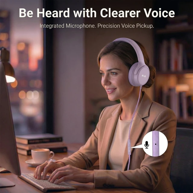 Alt view image 3 of 7 - Wired Over-Ear Headphones, Mic, 3.5mm Plug, USB-C Adapter, Purple Foldable, adjustable headphones with soft cushions, inline mic, 3.5mm plug, and USB-C adapter for laptop, phone, and travel