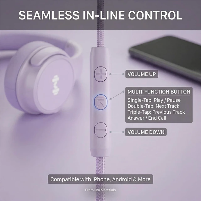 Alt view image 4 of 7 - Wired Over-Ear Headphones, Mic, 3.5mm Plug, USB-C Adapter, Purple Foldable, adjustable headphones with soft cushions, inline mic, 3.5mm plug, and USB-C adapter for laptop, phone, and travel