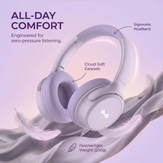 Alt view image 6 of 7 - Wired Over-Ear Headphones, Mic, 3.5mm Plug, USB-C Adapter, Purple Foldable, adjustable headphones with soft cushions, inline mic, 3.5mm plug, and USB-C adapter for laptop, phone, and travel